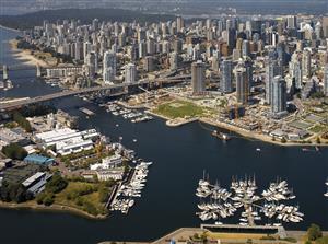 Aerial view of the city of Vancouver in British Columbia in western Canada.